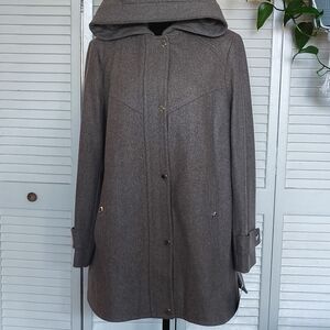 NWT- London Fog Taupe Heather Hooded Wool Blend Coat Size L